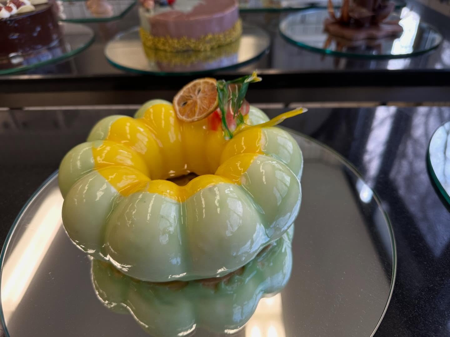 Lemon, vanilla and ginger entremets with a yellow glaze