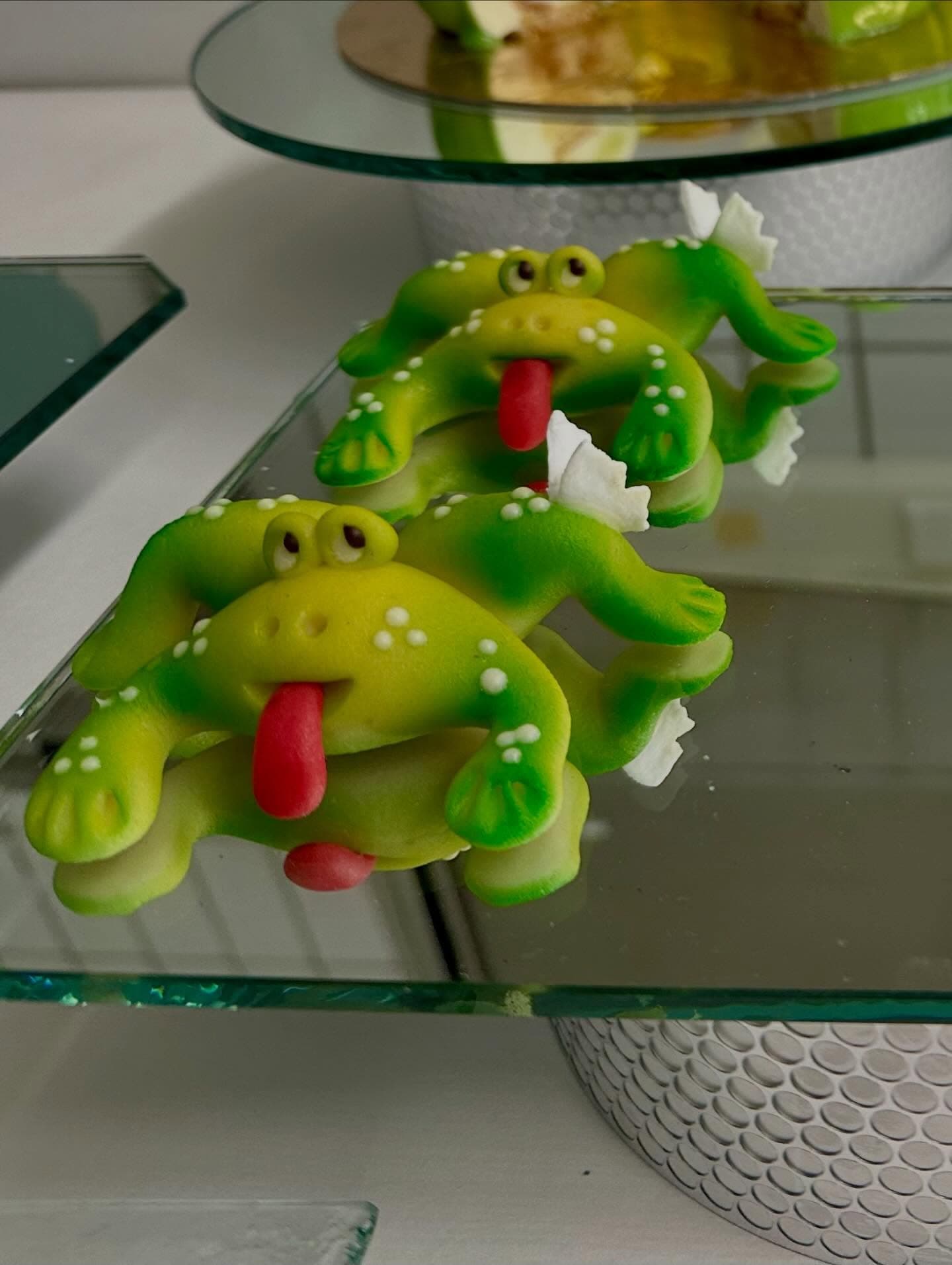 Marzipan frogs with red tongues