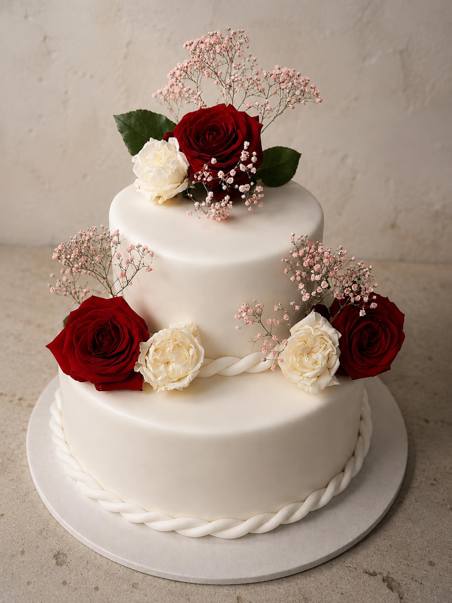 Two tier white wedding cake with red and white roses